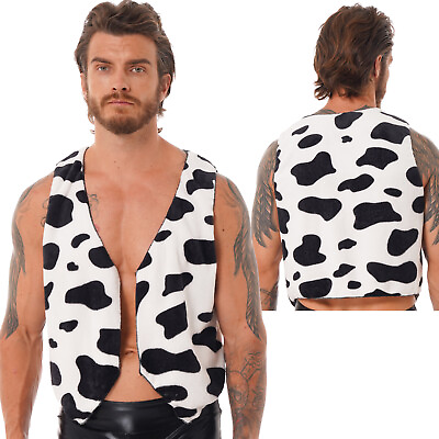 #ad Men#x27;s Halloween Cowboy Costumes Cow Print Vest Open Front Flannel Jacket Coats $13.01