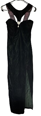 #ad Vintage 1980s LA Glo Black Velvet Evening Dress Halter Pearl Stone Pendant Sz 6 $59.00