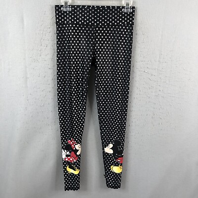 #ad Disney Leggings Juniors Small Mickey And Minnie Kissing Graphic Black Stretch $18.97
