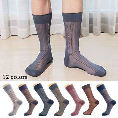 #ad 1Pair Men#x27;s Summer Thin Silk Socks Over the Calf Business Dress Crew Socks Daily $1.77
