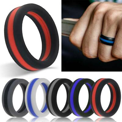 #ad Striped Medical Grade Silicone Wedding Ring Thin Line Sport Rubber Band 8mm Wide $6.99