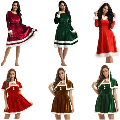 Women#x27;s Long Sleeves Velvet Midi Swing Dress Christmas Costumes Fancy Dress Up $33.69