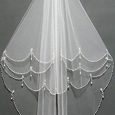 #ad New 2 Layer White Ivory Elbow Length Beads Edge Wedding Bridal Veil $12.69