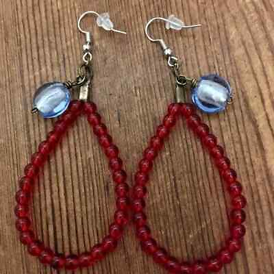 #ad Ladies Red and Blue Large Dangle Earrings Handmade Ladies Earrings $8.99