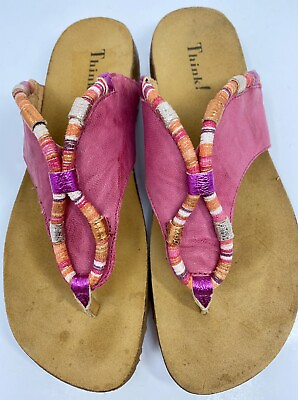 #ad Think Julia Hot Pink Leather Colorful Trim Flip Wedge Sandals Sz 9 40 Austria $39.00