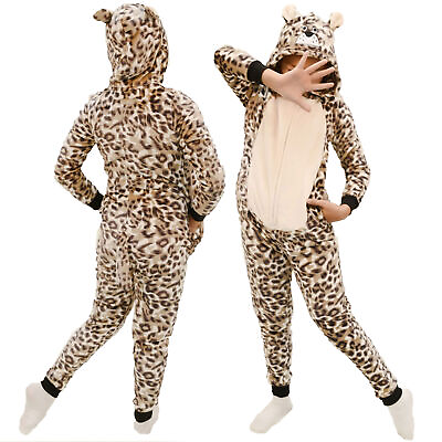 #ad Kids Animal Jumpsuit Girls Boys Leopard Cat Hooded One Piece Pajamas Unisex S L $16.63