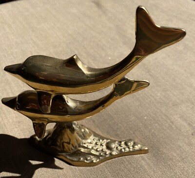 #ad Vintage Brass Dolphin Figurine Sculpture Nautical Beach Decor 6” India $25.46