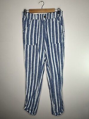 #ad So Womens Pants Blue White Striped Linen Blend Joggers Pull On Size Medium $16.80