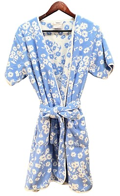 #ad Weezie Towel 100% Cotton Terry Towel Blue Floral Kimono Short Robe Women M $49.50