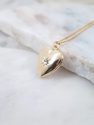 #ad Gold Heart Necklace Diamond Charm Pendant 925 Silver Heart Locket Pennant $53.99