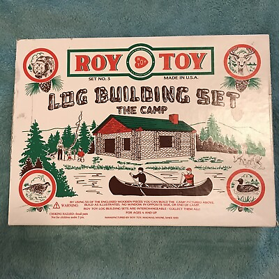 #ad Roy Toy Set No. 3 The Camp 53 Piece Pine Wooden Log Building Set Puzzle USA $12.95