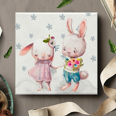 #ad Framed Canvas Wall Art Painting Print Cute Baby Animal Bunny Floral Love ANML069 $18.99