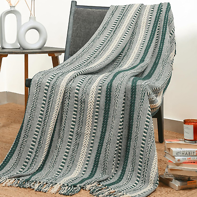 #ad RAJRANG Green Throw Blanket with Decorative Tassels 50x60 Inches 100% Cotton for $25.76