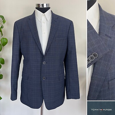 #ad Tommy Hilfiger Mens Two Button Blazer Blue Wool Blend Sport Coat Jacket Size 44R $69.95