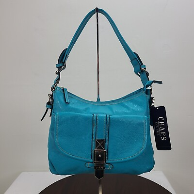 #ad Chaps Shoulder Bag Purse Blue Zip Snap Pocket Handbag Faux Leather $31.19