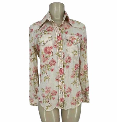 #ad Lucky Brand Medium Women Snap Up Long Sleeve Floral Shirt Western Cotton BD17 $17.66