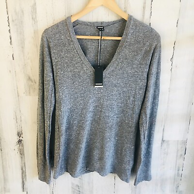 #ad NWT $98 Monrow Textured Tri Blend Fitted Long Sleeve V Neck Tee Gray M $28.00