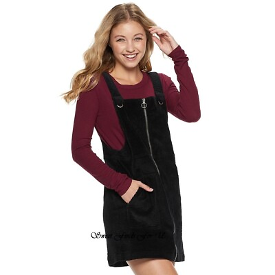 #ad SO Juniors Size M Womens Dress Pinafore Black Jumper Corduroy Zip Skirt Jrs NWT $26.95