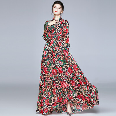 #ad Women Spring Female Neck Rose Floral Print Bohemia Long Sleeve Party Maxi Dress $61.36