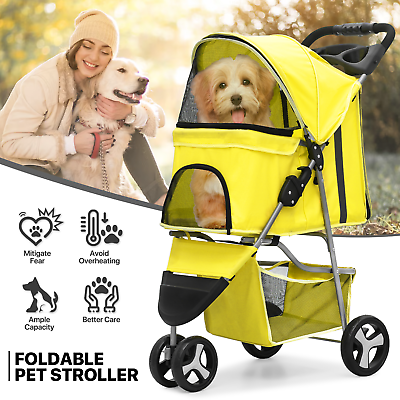 #ad Yellow Folding Dog Cat Stroller Portable Pet Carrier Cart w Adjustable Sunshade $64.99