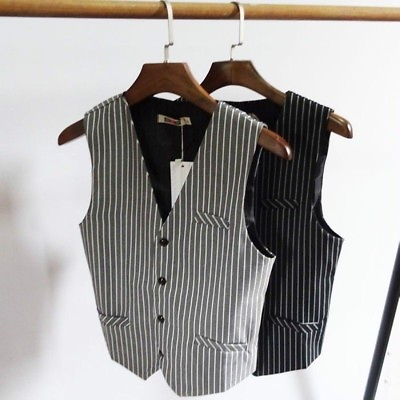 #ad Men Stripe Waistcoat Suit Vest Cotton Slim Fit Business Loose Formal Black Grey $37.85
