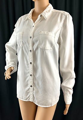 #ad Women#x27;s Halogen Long Sleeve Button Frt. Shirt Ivory w Gray Stitch Size Med. $10.49