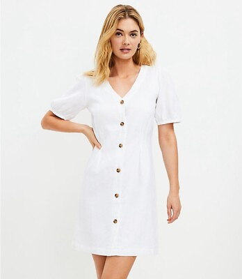 #ad Loft Linen Size 0P Button V neck Dress White H $16.00