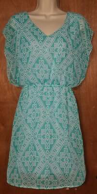 #ad Alya Dress Size L Aqua amp; White Geometric Pattern Open Back Layered Flowy Flutter $20.00