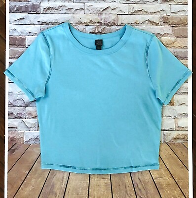 #ad WILD FABLE Women Crew Neck T shirt Blue Cropped Cotton Sizes L XL XXL $9.99
