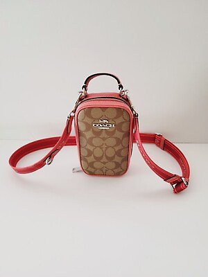 Coach CK191 Pebbled Leather Signature Eva Phone Crossbody Handbag Khaki Tangerin $113.59