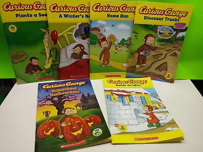 #ad 6 Curious George monkey book lot Haunted Halloween home run builds an igloo etc. $16.95
