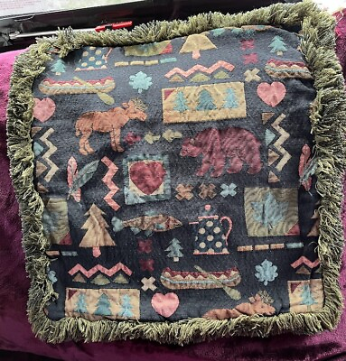 #ad Rustic Outdoors Motif Throw Pillow tapestry COVER bears moose hearts READ $19.99