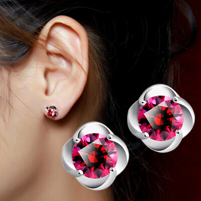 #ad 925 Sterling Silver red zircon flower stud earrings women fashion jewelry gift $0.99