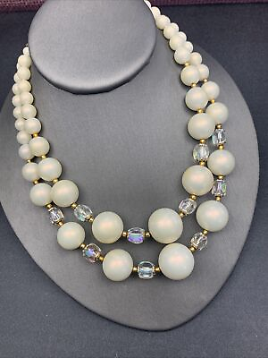 #ad 1950S Aurora Borealis Glass Crystal Beaded 2 Strand Cream White Necklace 14 16 $24.50