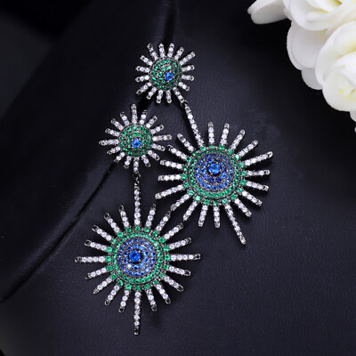 #ad Charming Flower Round Dangle Earrings Black Gold Plated CZ Women Green Jewelry GBP 9.32