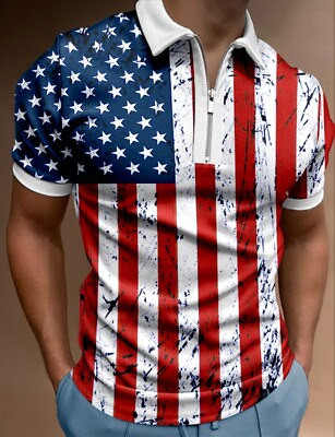 #ad Patriotic Polo T Shirt Men USA American Flag Distressed Golf Fashion Zipper Soft $25.86
