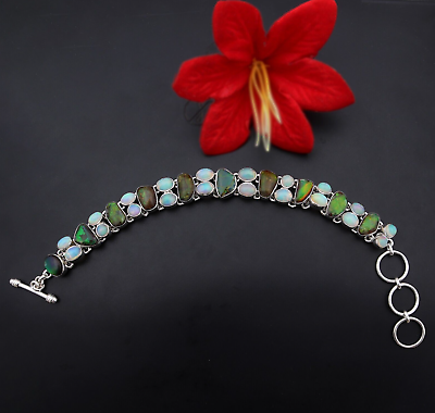 #ad NEW Natural Ammolite With Opal Sterling Silver Adjustable Bracelet Gift Her $319.35