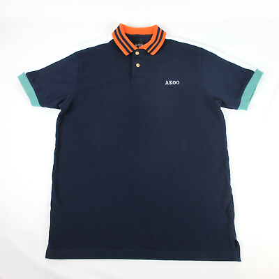 #ad AKOO Polo Shirt Adult Large Blue Short Sleeve Navy Short Sleeve Orange Collar $34.95