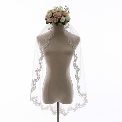 #ad 1 Tier Short Wedding Bridal Veil with Comb Lace Edge Fingertip Length $13.99