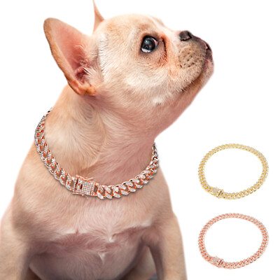Luxury Dog Chain Choke Collar Cuban Link Stainless Steel Rhinestones Diamond $11.89