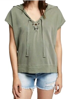 #ad Sanctuary Green Beach Comber Hoodie Top Size Large Lace Up Sleeveless Cotton $14.94
