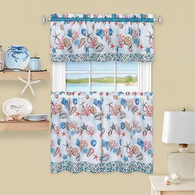 #ad Coastal 3 Piece Printed Kitchen Curtain Set Blue Tiers 58x36 Swag 58x14 Inche $34.96