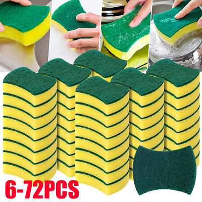 #ad Lot of 72 Yellow Sponge Green Scrubber Scrub Scourer for Wash Clean Dish Kitchen $33.59