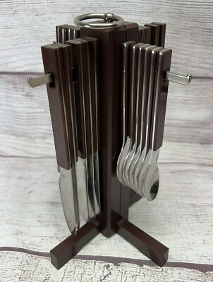 #ad Vintage Retro 24 Pc cutlery Set Hanging Stand made in Hong Kong stainless MCM $34.99