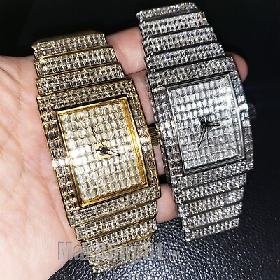 #ad Men Full Iced Baguette Simulated Diamond Gold Silver Finish Hip Hop Metal Watch $58.99