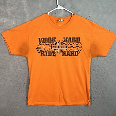 #ad A1 Harley Davidson Motorcycles Work Hard Ride Hard T Shirt Adult Medium Orange $11.99
