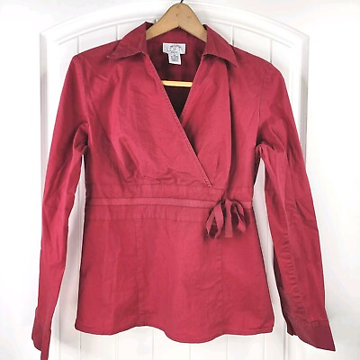 #ad Ann Taylor Loft Shirt Blouse Red Stretch Cotton Faux Wrap 10 Collar Long Sleeve $9.99
