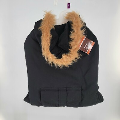 #ad Dog Pet Jacket Coat LARGE Black fur trimmed Hood and Snap Pocket Warm $10.99