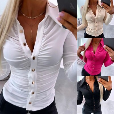 #ad Women Collar Ruffle Buttons Down Tops Ladies Long Sleeve Slim Fit T Shirt Blouse $15.79