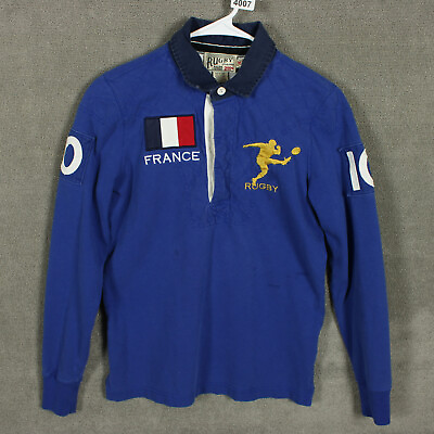 #ad Ralph Lauren Rugby Polo Shirt Mens Medium Solid Blue France Long Sleeve $24.95